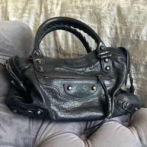 Balenciaga Black Leather Shoulder Bag with Braided Handles